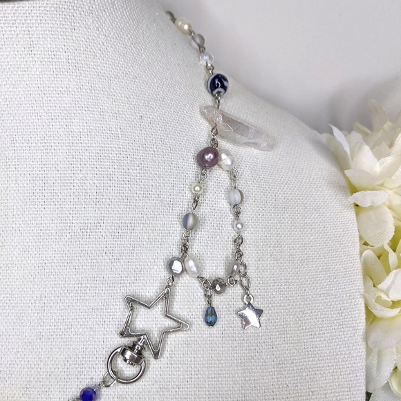 Star necklace with blue beads chain and charms. Handmade by me. - Picture 3 of 7